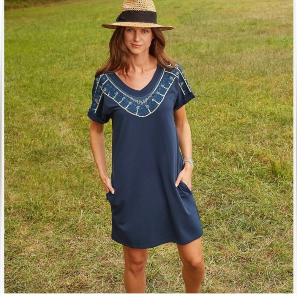 NIC+ZOE Pier Embroidered Shift Dress Navy Multi Size Small L40